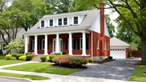 Charming colonial-style family home with white columns and brick exterior, manicured front lawn with flowering shrubs, driveway leading to detached garage, suburban street lined with mature trees