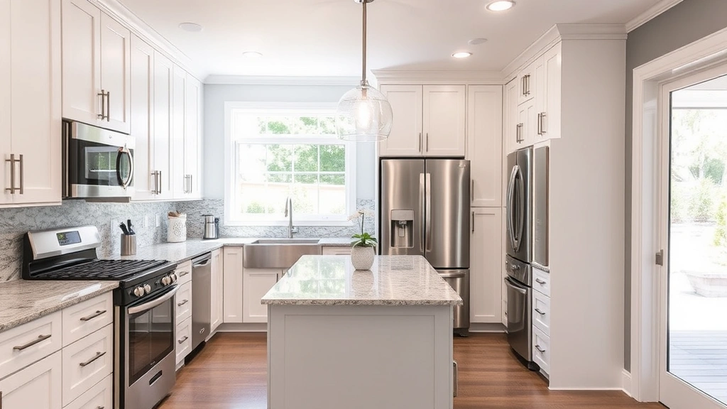 Modern kitchen interior with white cabinetry, granite countertops, stainless steel appliances, pendant lighting over island, bright natural light from windows overlooking backyard