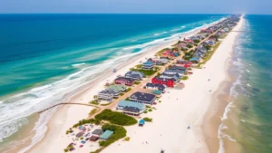 Aerial view of Galveston beachfront with colorful homes and turquoise water, sunny coastal landscape with white sand beach