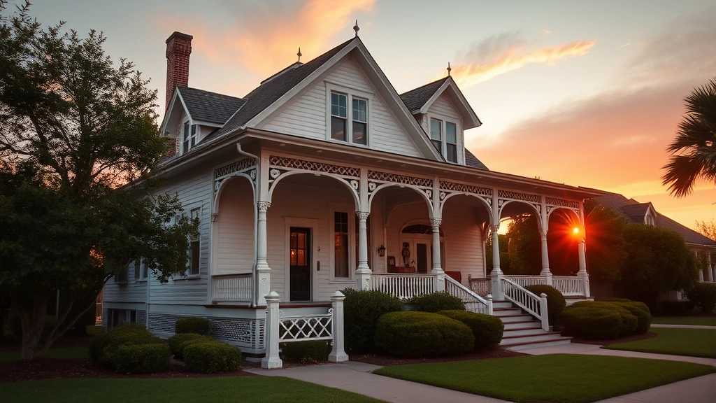 Charming Victorian-style historic home in Galveston East End with white exterior, wraparound porch, manicured landscaping at sunset