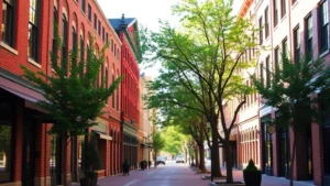 Beautiful Georgetown Kentucky historic downtown street with brick buildings and tree-lined sidewalk, warm afternoon light, no people or text visible