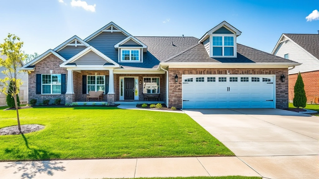 Modern suburban home in Georgetown Kentucky with manicured lawn, attached garage, and landscaping, bright daylight, welcoming curb appeal