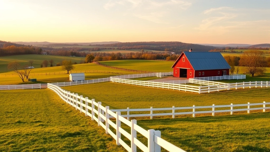 Spacious Kentucky horse farm property with white fencing, red barn, and rolling pastures, scenic countryside landscape, golden hour lighting