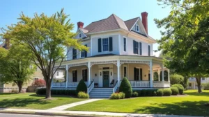 Charming historic Victorian home with white trim and wraparound porch in Gettysburg Pennsylvania, surrounded by mature trees and manicured lawn