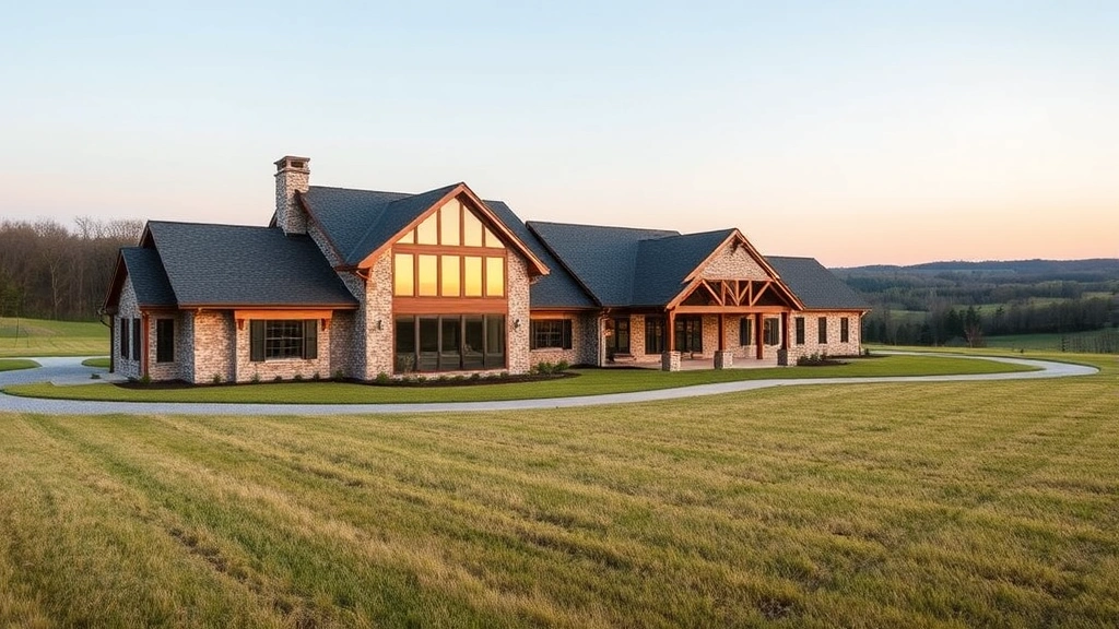 Modern farmhouse with stone exterior, large windows, and contemporary architecture set on rural Pennsylvania acreage with open fields