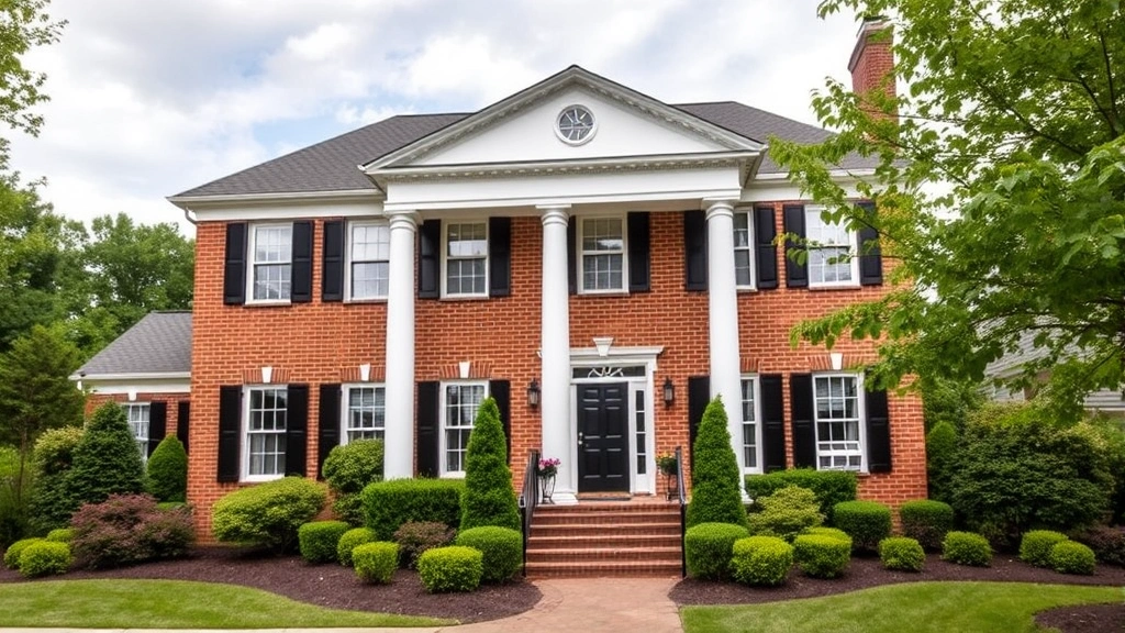 Elegant brick colonial home with black shutters, white columns, and professional landscaping in upscale Gettysburg neighborhood