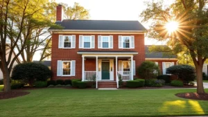 Charming two-story brick colonial home with white shutters, manicured front lawn, mature trees, welcoming front porch, golden afternoon sunlight illuminating facade, suburban Goldsboro neighborhood setting