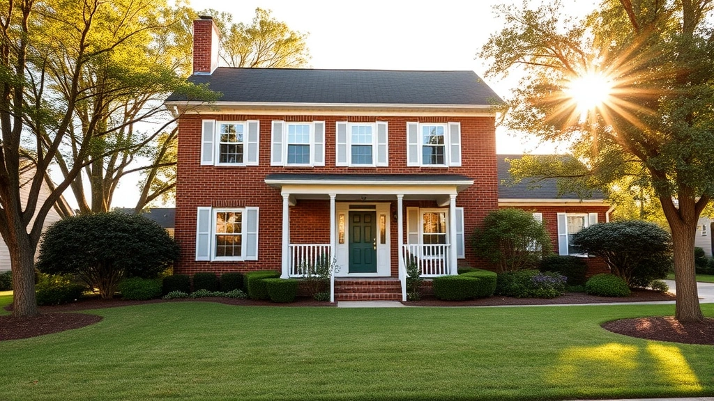 Charming two-story brick colonial home with white shutters, manicured front lawn, mature trees, welcoming front porch, golden afternoon sunlight illuminating facade, suburban Goldsboro neighborhood setting