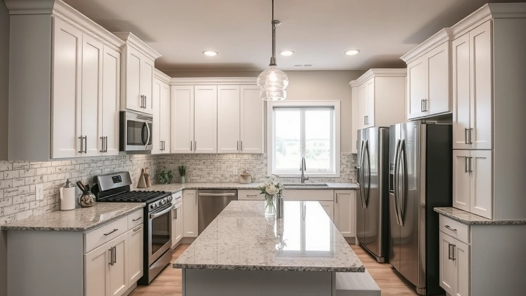 Modern kitchen with white cabinetry, granite countertops, stainless steel appliances, pendant lighting over island, bright natural light from window, contemporary open-concept design, newly renovated interior