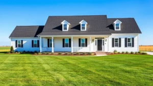 Beautiful modern farmhouse with white exterior, black shutters, and manicured lawn in rural Nebraska setting with clear blue sky