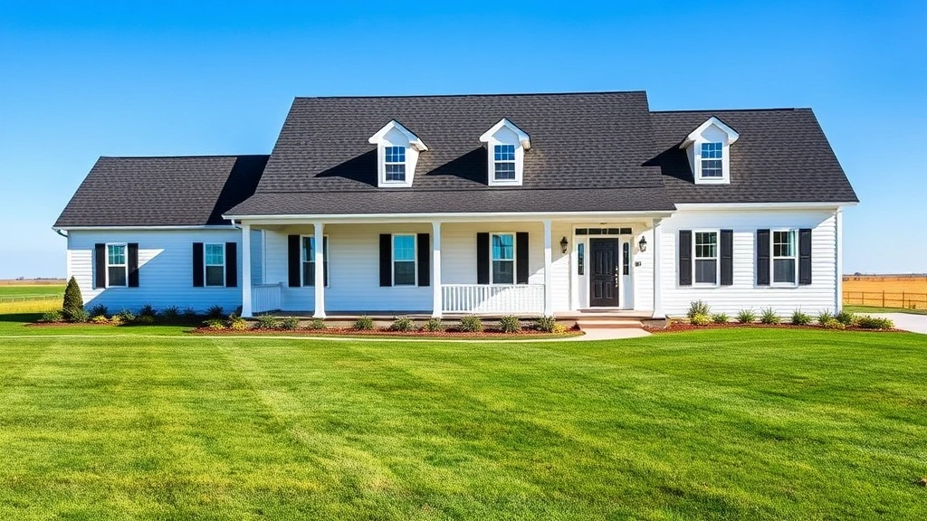 Beautiful modern farmhouse with white exterior, black shutters, and manicured lawn in rural Nebraska setting with clear blue sky