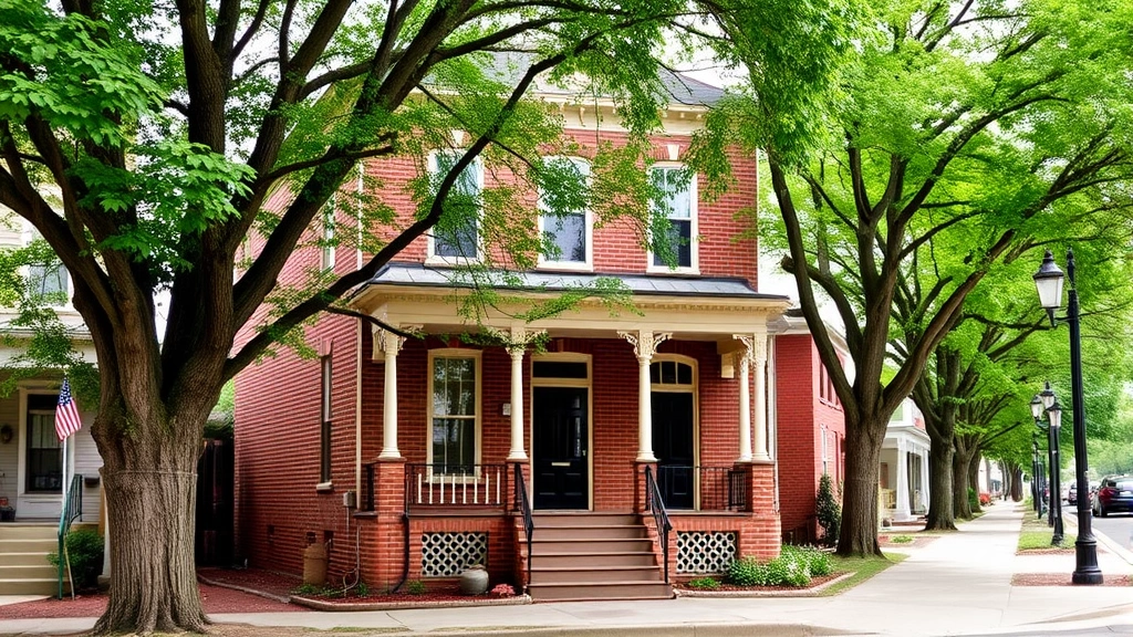 Charming historic Victorian home with restored brick facade, front porch with period details, and established trees lining the street in downtown area
