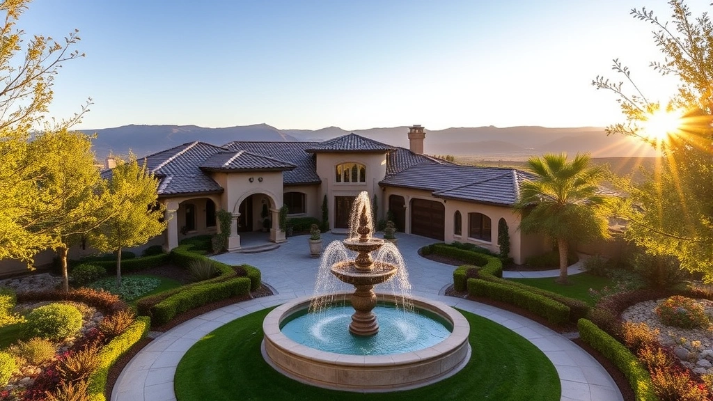 Luxurious Mediterranean-style home with manicured gardens and fountain in Granite Bay gated community, natural golden sunlight, Sierra Nevada foothills in background, professional real estate photography