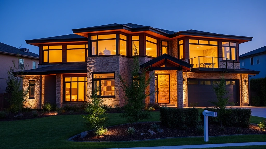 Modern contemporary home with large windows, stone and wood exterior, mature landscaping, twilight lighting showing home illuminated, professional architectural photography, no visible address markers