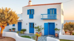 Whitewashed Greek island villa with blue shutters and doors, terracotta roof tiles, Mediterranean garden with olive trees, sea view balcony, traditional Cycladic architecture, golden hour sunlight