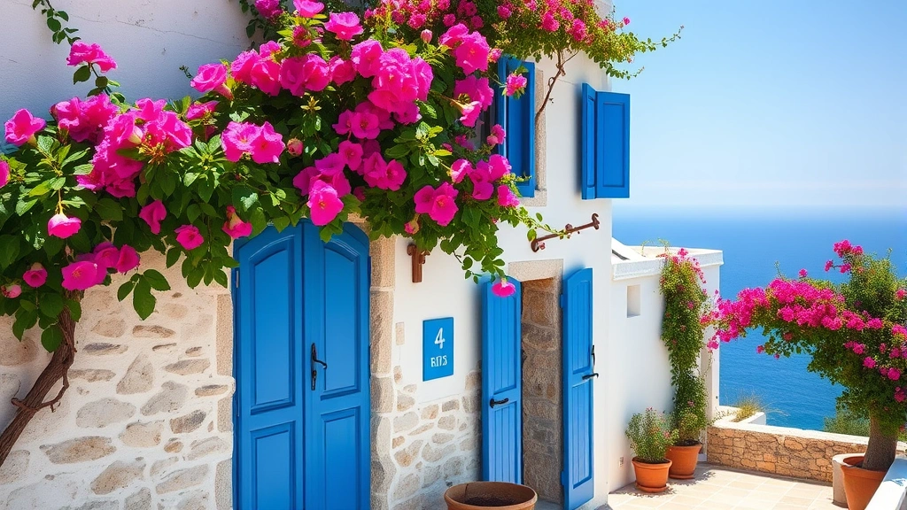 Mediterranean coastal home exterior, stone and whitewash walls, flowering bougainvillea vines, blue wooden shutters, traditional Greek island style, Aegean Sea visible in background