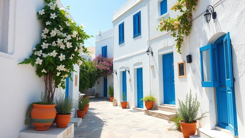 Picturesque Greek village street scene with traditional whitewashed buildings, blue doors and windows, climbing jasmine flowers, stone pathways, terracotta pots with herbs, Mediterranean afternoon light