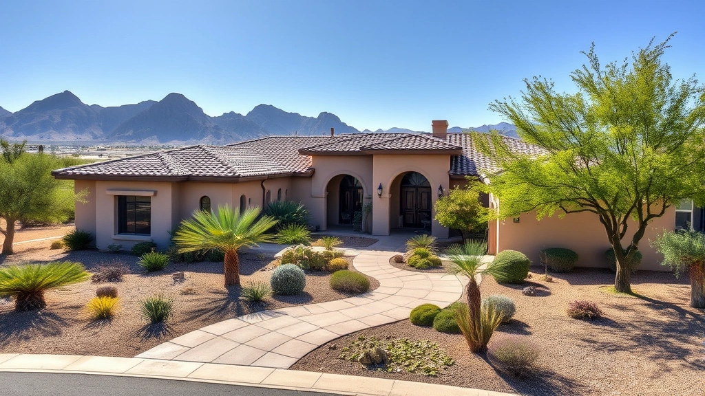 Luxurious Arizona home with desert landscaping, stucco exterior, tile roof, mountains in background, sunny day, professional real estate photography