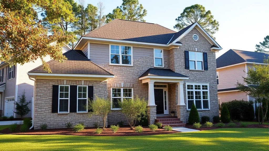 Modern two-story home with stone and siding exterior in suburban South Carolina neighborhood, manicured landscaping, white trim windows, afternoon sunlight