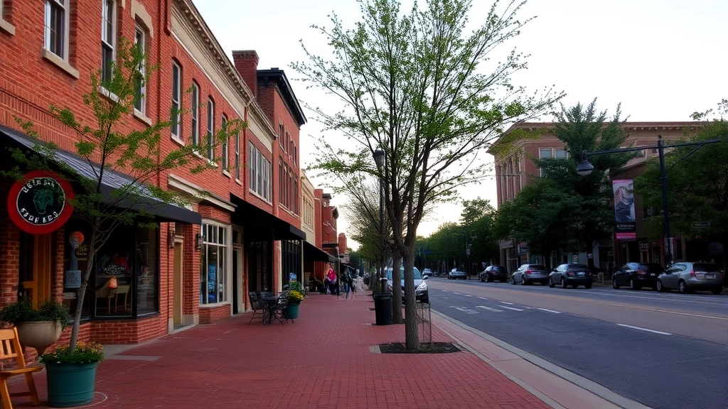 Charming downtown Greer street scene with brick buildings, tree-lined sidewalk, local storefronts, community gathering space, evening ambiance