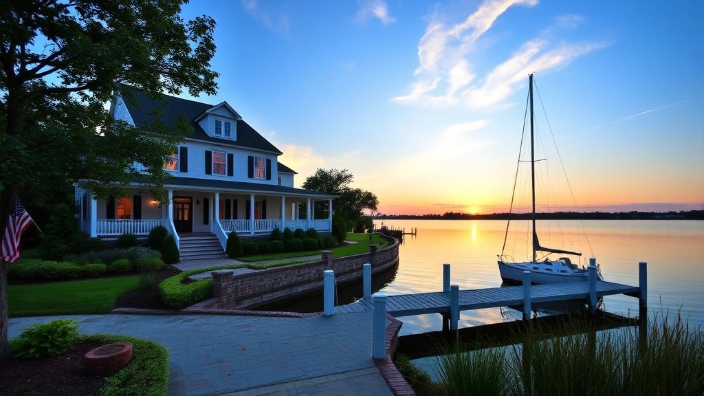 Waterfront colonial-style home with private dock and sailboat, Chesapeake Bay sunset reflection, manicured landscaping, Hampton Virginia coastal architecture