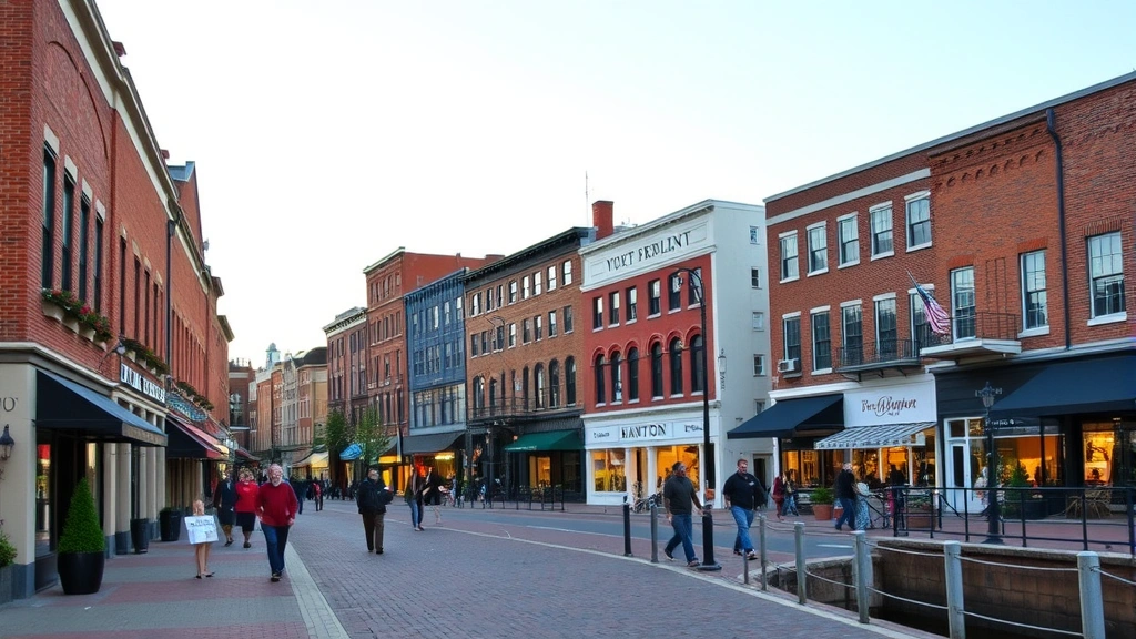 Historic downtown Hampton street lined with restored brick buildings, vibrant storefronts, waterfront promenade with pedestrians enjoying evening walk