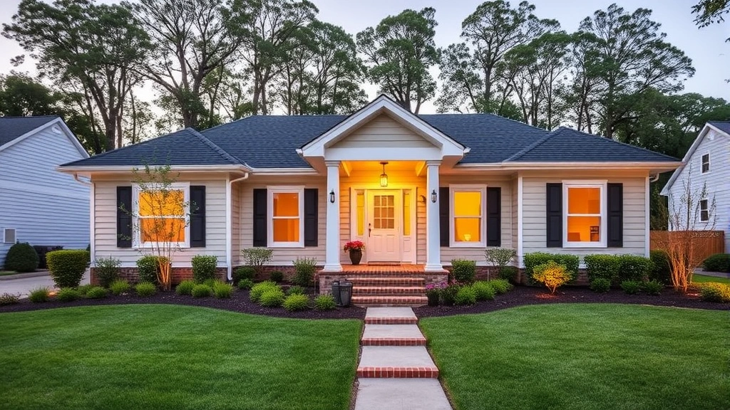 Modern single-family home with updated exterior, professional landscaping, welcoming front entrance with lighting, suburban Hampton neighborhood setting with mature trees