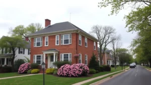 Charming two-story colonial home with white shutters and brick exterior, manicured lawn with flowering bushes, tree-lined street in established neighborhood, overcast sky, photorealistic