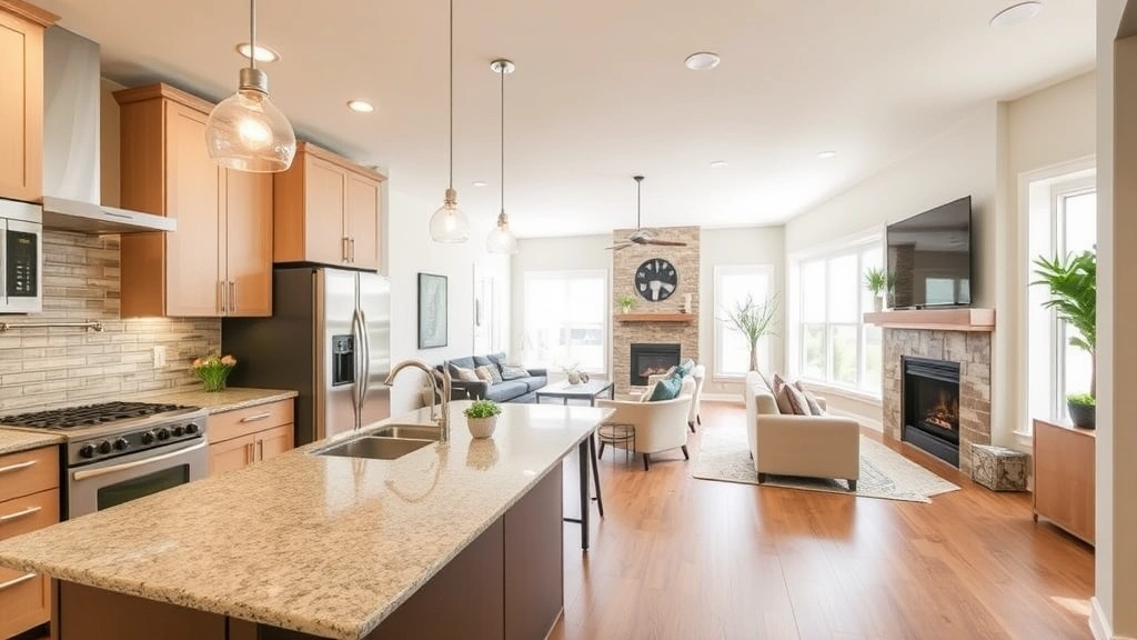 Modern kitchen with granite countertops and stainless steel appliances, open floor plan leading to living room with fireplace, natural light from large windows, warm inviting interior