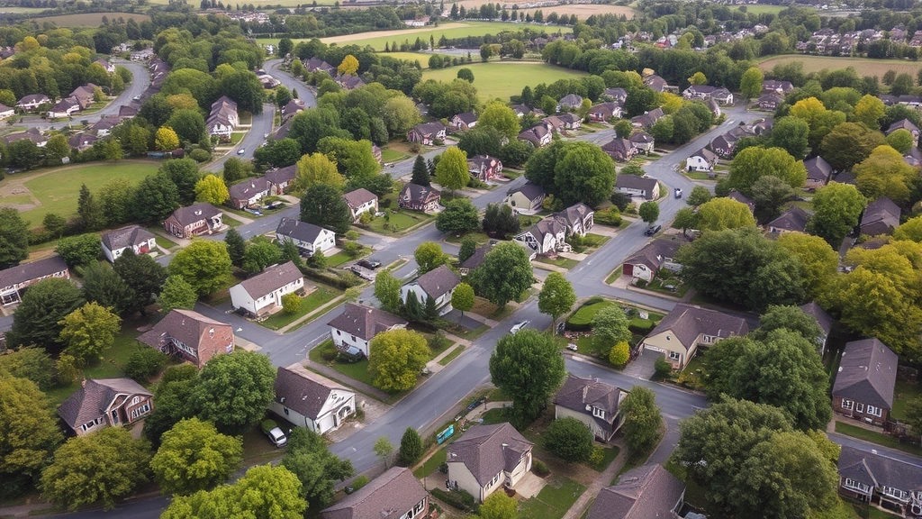 Aerial view of suburban Hanover neighborhood with tree-covered streets, single-family homes with varied architecture, community park with green spaces visible, peaceful residential setting