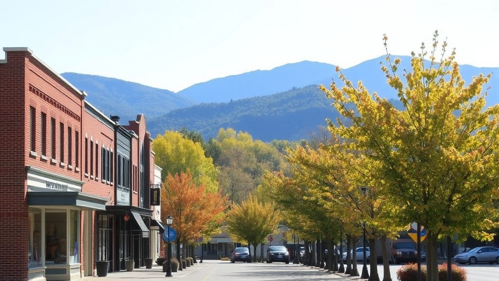 Charming Hendersonville downtown storefront with brick buildings, autumn foliage, and tree-lined street, mountain views in background, bright daylight, peaceful small-town atmosphere