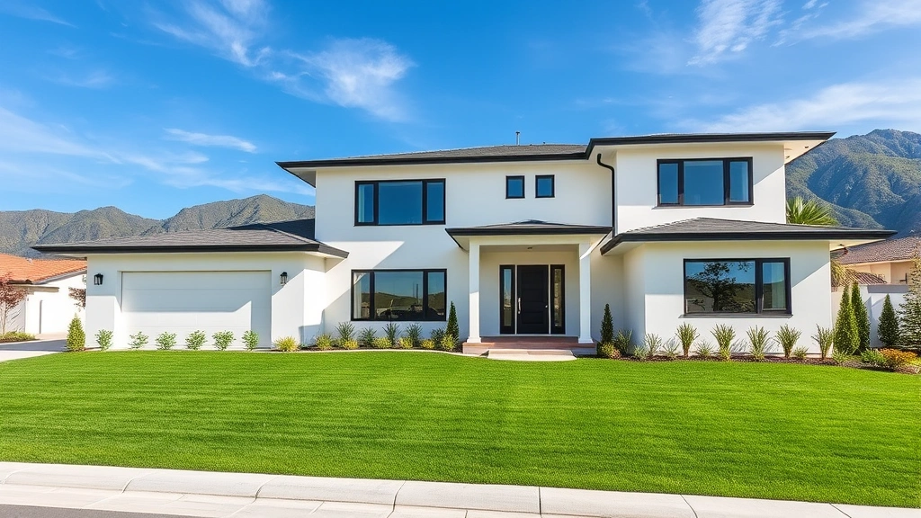 Modern two-story home with white exterior, manicured lawn, mountain backdrop, blue sky, professional landscaping, contemporary architecture, inviting front entrance