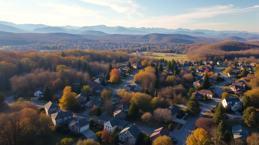 Aerial view of Hendersonville residential neighborhood with diverse homes, tree coverage, winding streets, blue ridge mountains in distance, morning sunlight, suburban setting