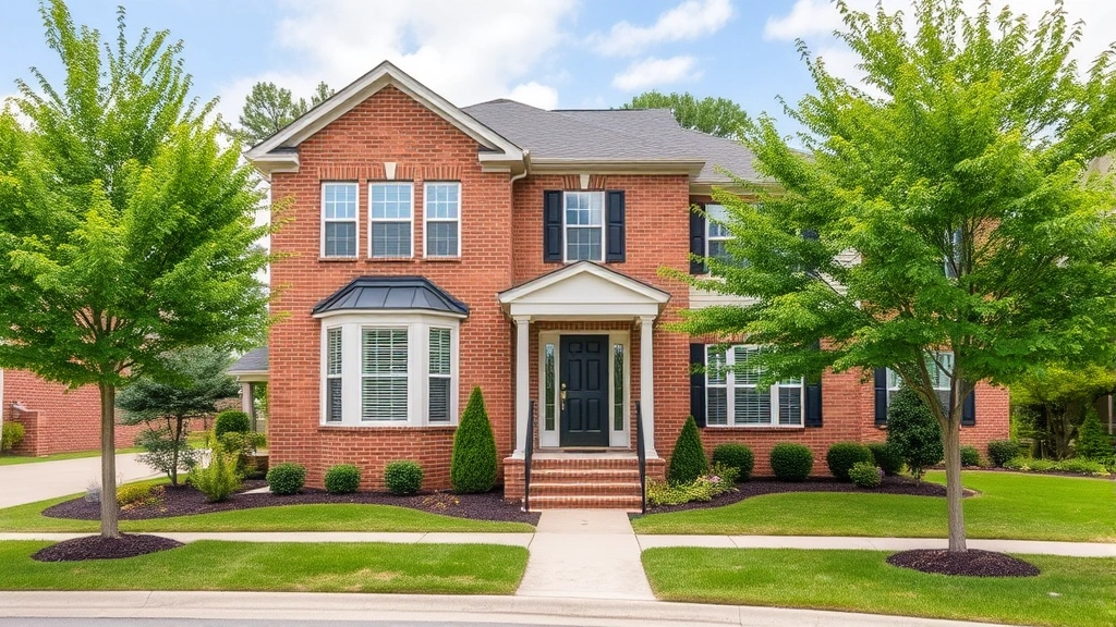 Modern two-story residential home with brick exterior, manicured lawn, mature trees, and welcoming front entrance in suburban Hickory neighborhood setting