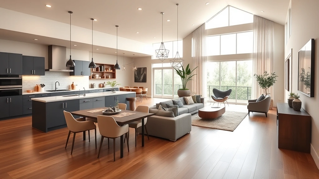 Spacious contemporary home interior showing open-concept living room with natural light, hardwood floors, and modern kitchen design appealing to family buyers