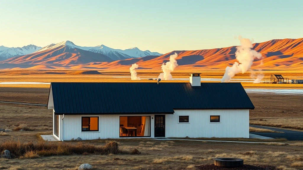 Modern Icelandic residential home with white walls and dark metal roof, surrounded by Icelandic tundra landscape with mountains in background, geothermal steam visible, golden hour lighting