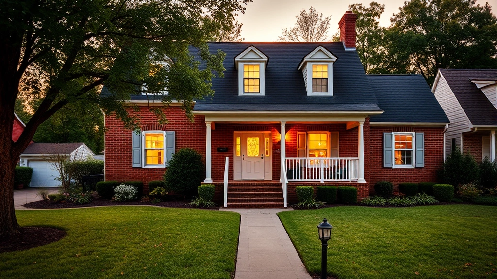 Charming brick colonial home with manicured lawn, white shutters, and welcoming front porch in Jackson Tennessee residential neighborhood during golden hour