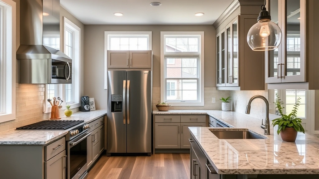 Modern kitchen with stainless steel appliances, granite countertops, and natural light from large windows in newly renovated Jackson home