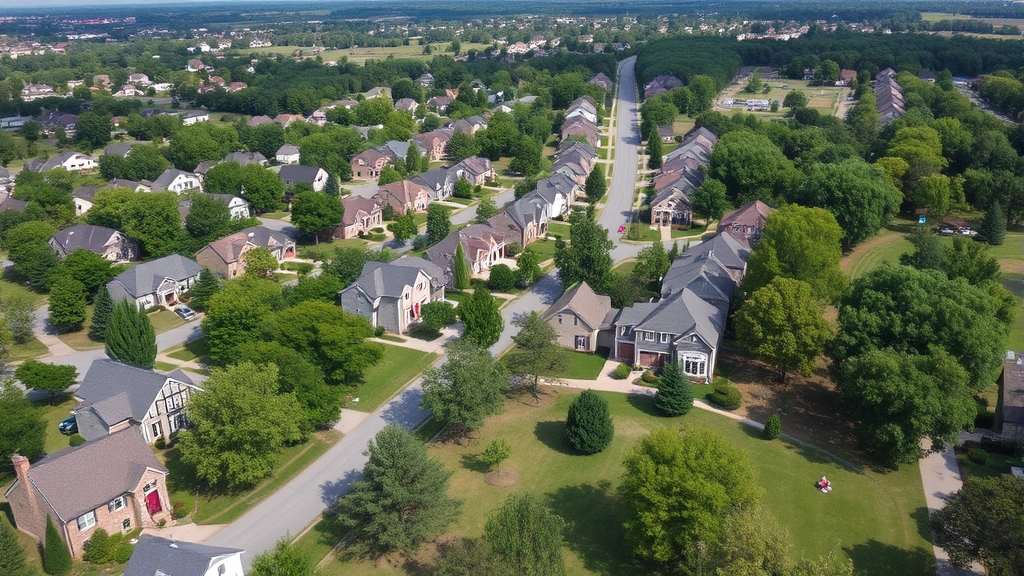 Aerial view of Jackson Tennessee residential community with tree-lined streets, diverse home styles, and neighborhood park with families enjoying outdoor spaces