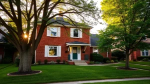 A charming two-story brick home with mature trees in front, white shutters, and a well-maintained lawn in a Janesville residential neighborhood during golden hour sunlight