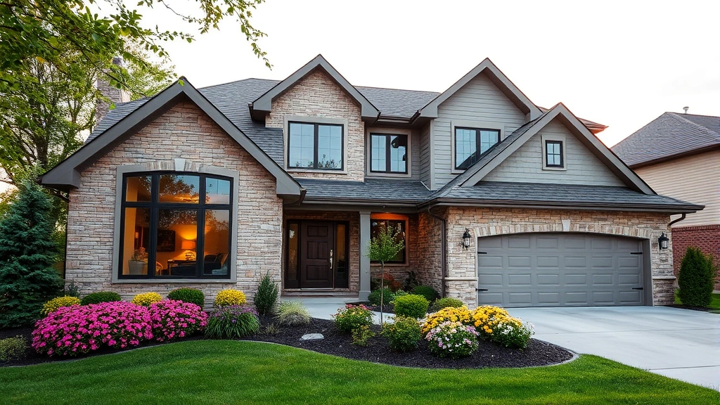 Modern suburban home with contemporary design, large windows, stone and siding exterior, landscaped front yard with flowering bushes and driveway in Janesville Wisconsin setting