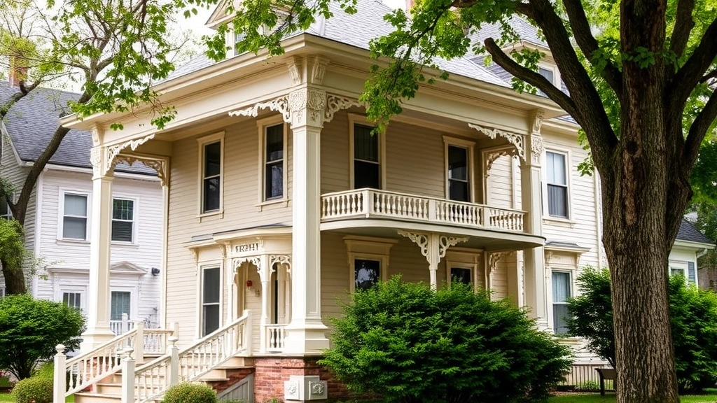 Historic Victorian-style home painted in cream and sage green with detailed trim, wraparound porch, white railings, and mature trees creating neighborhood character and charm