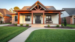 Modern farmhouse-style home exterior with manicured lawn and welcoming front porch, Jonesboro Arkansas residential neighborhood, afternoon sunlight, suburban setting