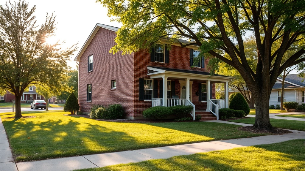 Modern two-story brick home with manicured lawn and mature trees in established Joplin neighborhood, afternoon sunlight, welcoming front porch, residential street background