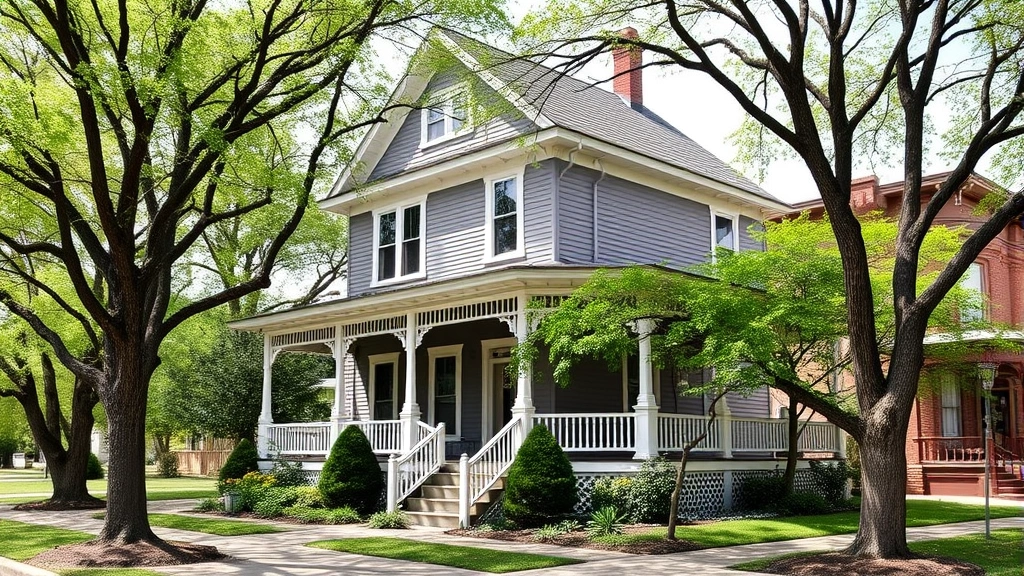 Charming restored historic Victorian home with original architectural details, wraparound porch, period landscaping, tree-lined street in downtown Joplin district