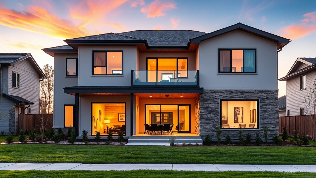 Contemporary new construction suburban home with open concept design visible through windows, clean architectural lines, professional landscaping, morning golden hour lighting