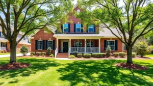 Modern two-story suburban home with manicured lawn, brick facade, white trim, welcoming front porch, mature trees framing property, Georgia landscape, bright daylight, professional real estate photography