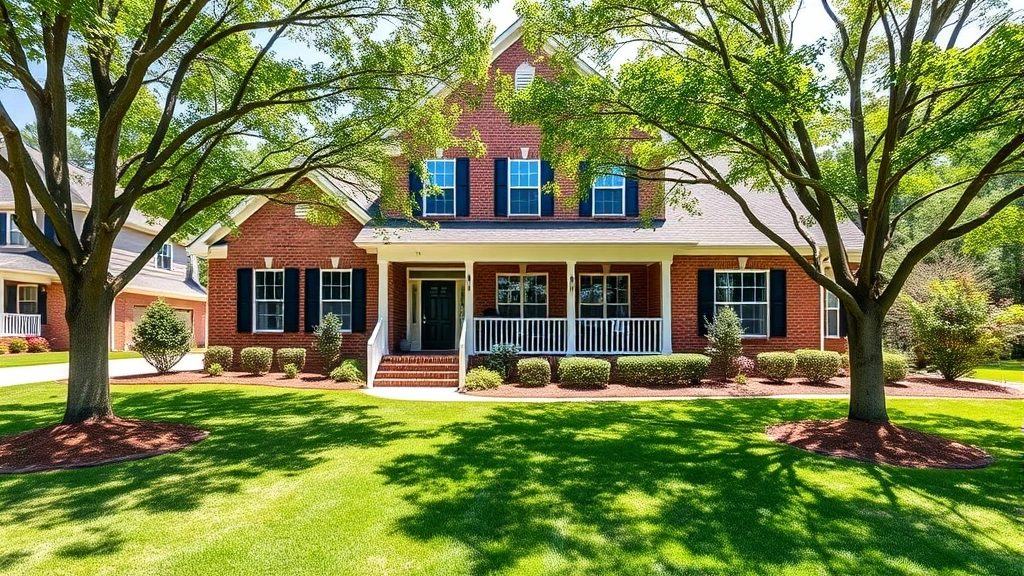 Modern two-story suburban home with manicured lawn, brick facade, white trim, welcoming front porch, mature trees framing property, Georgia landscape, bright daylight, professional real estate photography