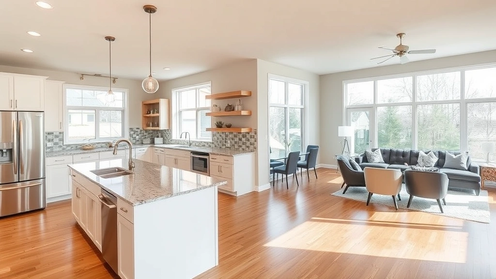 Spacious open-concept kitchen and living area with granite countertops, stainless steel appliances, hardwood flooring, natural lighting from large windows, contemporary design, staged for real estate showing