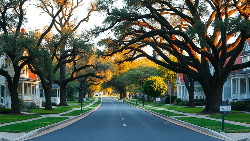 Established neighborhood street lined with mature oak trees, well-maintained homes of varying architectural styles, sidewalks, peaceful suburban setting, golden hour lighting, no people or vehicles visible, serene atmosphere